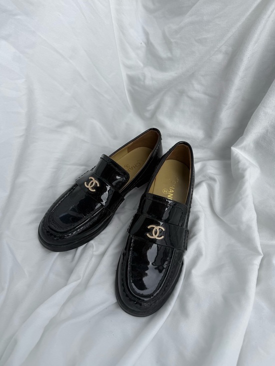 CHANEL Shoes - CHANEL Black Patent Leather Loafers with Gold CC Hardware